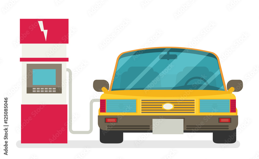 Flat vector illustration of electric car charging at the charger Flat vector illustration of electric car charging at the charger