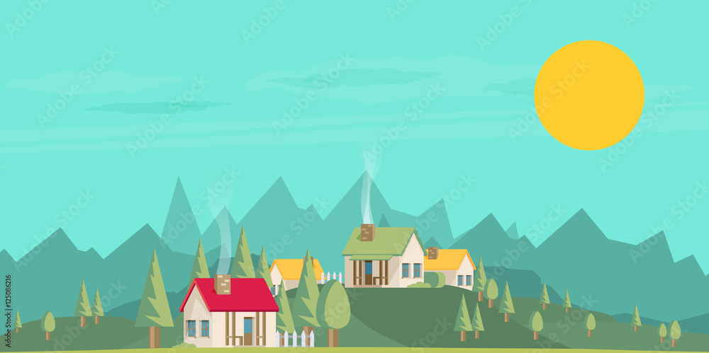 Houses. Flat style. Mountains and trees.