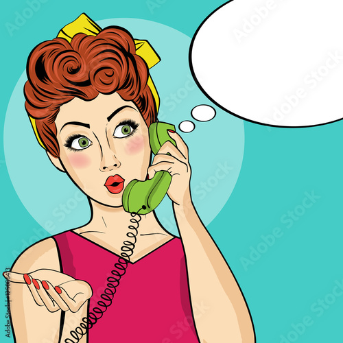 Surprised  pop art woman with retro phone