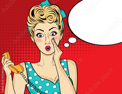 Surprised  pop art woman with retro phone, who tells her secrets