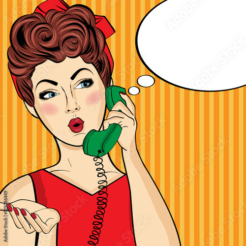 Pop art  woman chatting on retro phone . Comic woman with speech