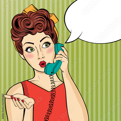 Pop art  woman chatting on retro phone . Comic woman with speech