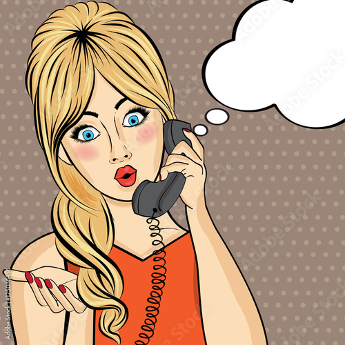 Pop art woman chatting on retro phone . Comic woman with speech