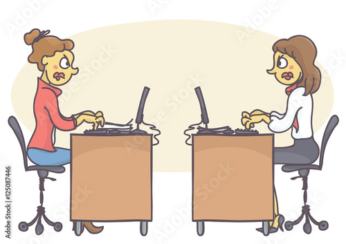 Two female coworkers in office having a conflict, not talking to each other