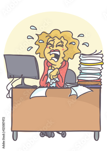 Business woman or clerk crying and sobbing at her work place