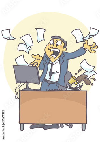 Business man or clerk in the office, shouting angry at computer, throwing files