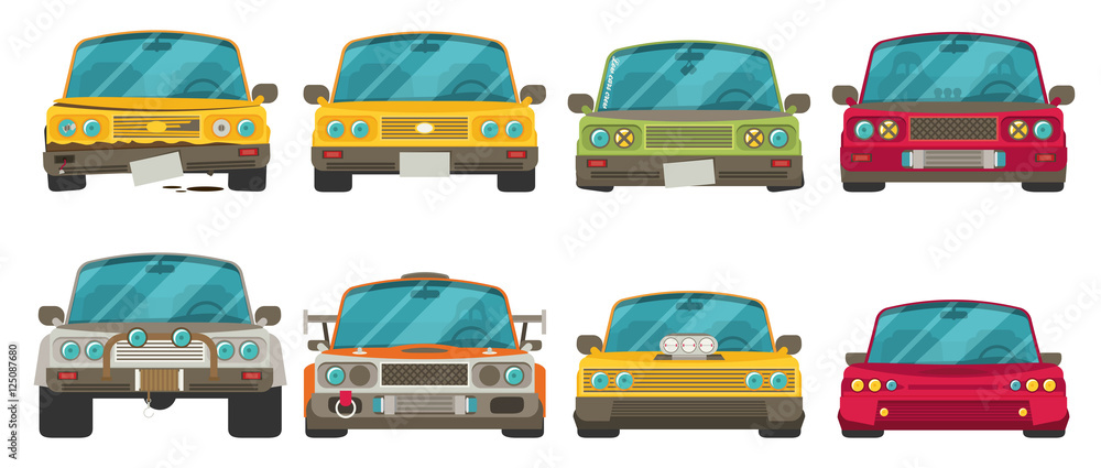 Car front view. Race car tuning set. Colorful vector Car front view. Race car tuning set. Colorful vector
