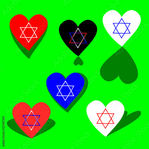 Simple icons with six-pointed star - hexagram - on heart shape. With shadow on green background. Red, white, blue, black primary colors. 