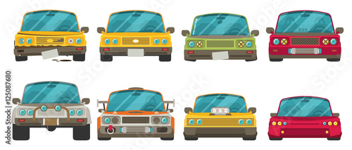 Car front view. Race car tuning set. Colorful vector 