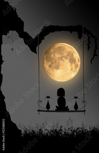 Halloween night background with moon  spider and the girl and the two cats sitting on swings under the old tree.