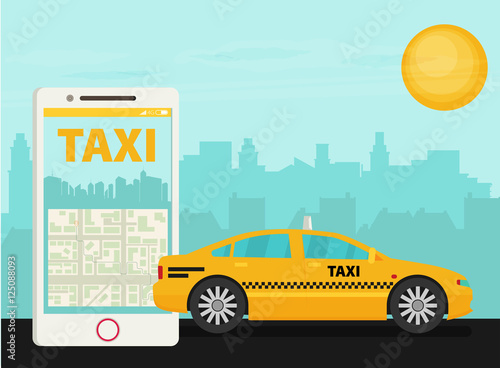 Taxi service. Smartphone, city skyscrapers. Vector flat 