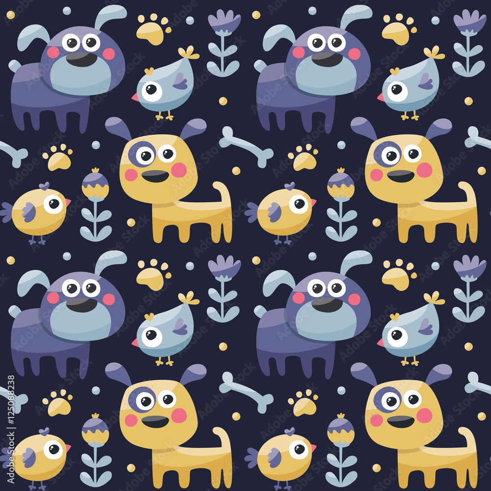Obraz premium Seamless cute pattern made with dog, birds, flowers, paw, trace, plants, berries