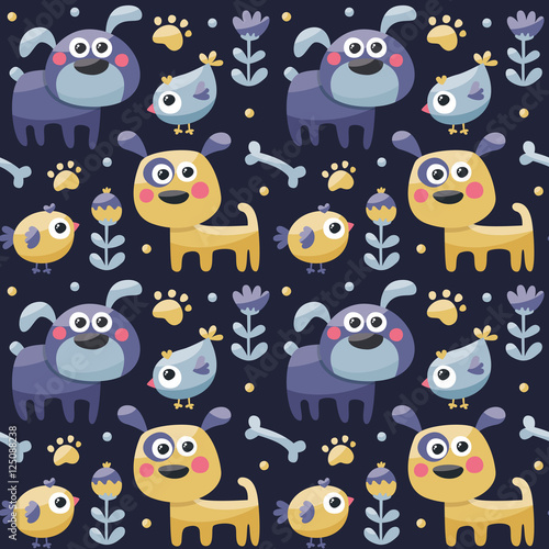 Seamless cute pattern made with dog, birds, flowers, paw, trace, plants, berries