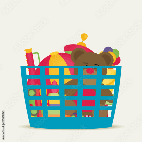 Kids toy box full of toys. Modern flat style vector illustration