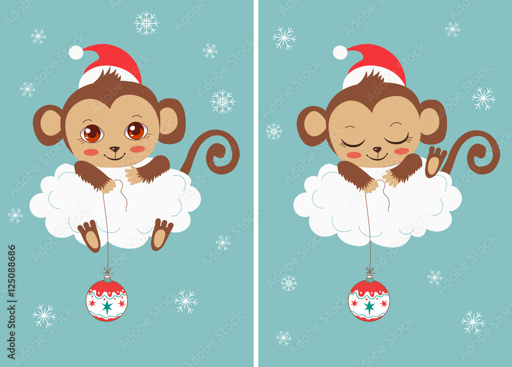 Cute Baby Monkeys With New Year Ball. Christmas Characters. Cartoon Vector Card. Funky Monkey