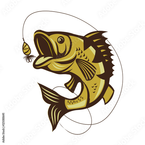 Catching Bass Fish. Vector Color Fish. Fish On A White Background. Fish On A Light Background. Bassfish, Fishing. Fish Jumping.