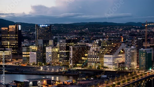 Time Lapse of Barcode Buildings Day to Night -  Oslo Norway Europe
