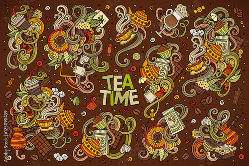 Vector doodle cartoon set of tea and coffe