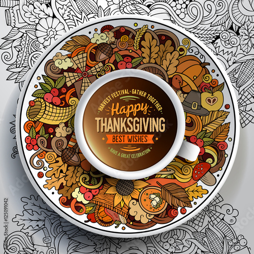 Cup of coffee with Thanksgiving doodle design