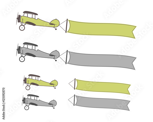 Set of airplanes symbols with banners, empty form for quote, text, slogan, motivation signs. Retro biplane emblem. Vector