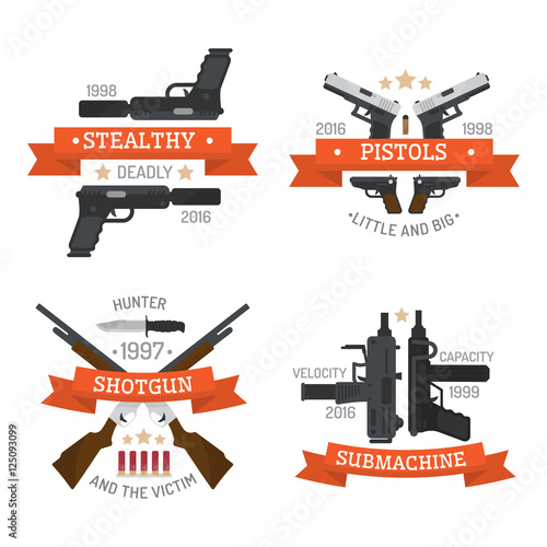 Guns emblems. Stealthy. Pistols. Shotgun. Sub-machine.