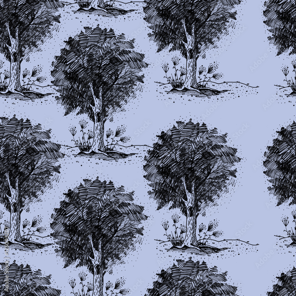 Naklejka Vintage seamless pattern with a picture of the tree, group of plants, illustration made in graphics, black liner, ink. For a different design