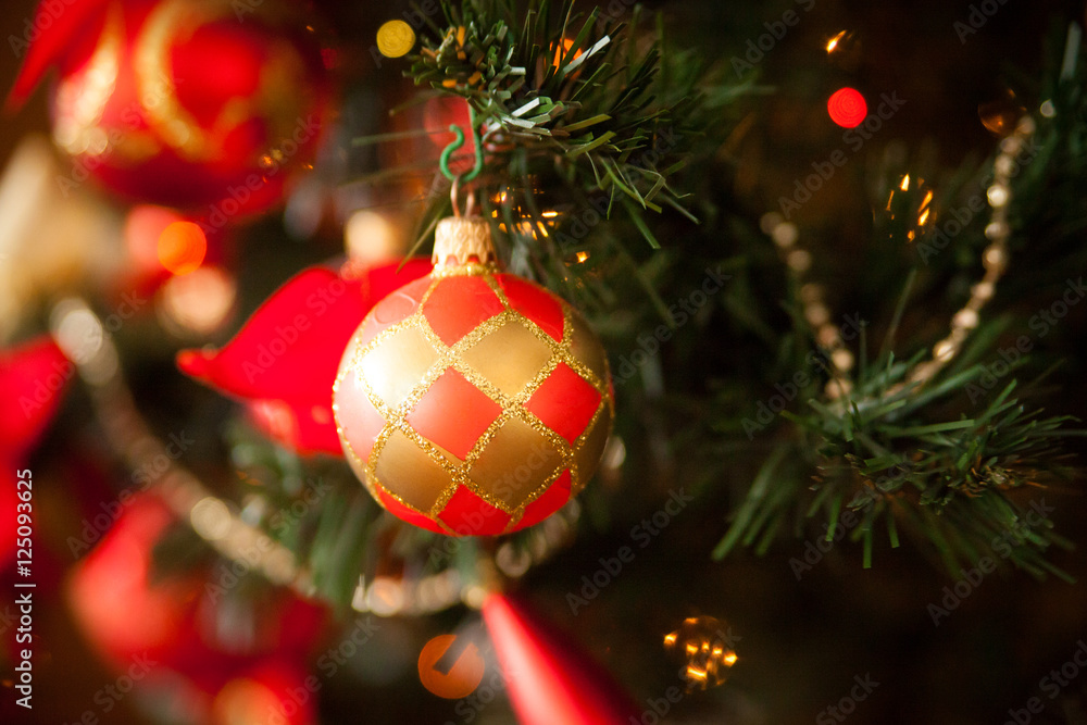 Christmas tree decor with red balls and bows Christmas tree decor with red balls and bows