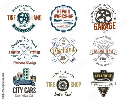 Vintage car service badges, garage repair labels and insignias collection. Retro colors design. Good for repair workshop, classic cars auctions, clubs, tee shirt. Vector.