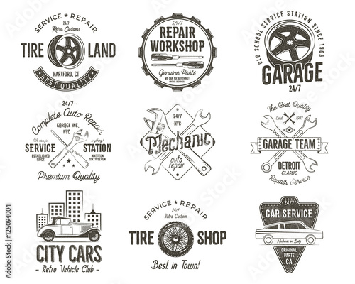 Vintage car service badges, garage repair labels and insignias collection. Retro colors design. Good for repair workshop, classic cars auctions, clubs, tee shirt. Vector monochrome isolated
