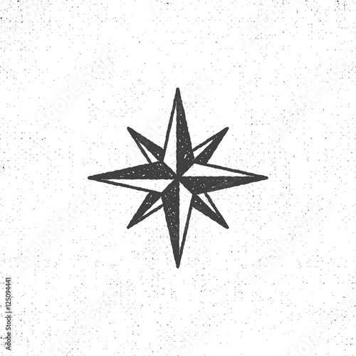 Vintage wind rose symbol or icon in rough silhouette nautical style, monochrome design. Can be used for T-shirts print, labels, badges, stickers, logotypes. Vector illustration.