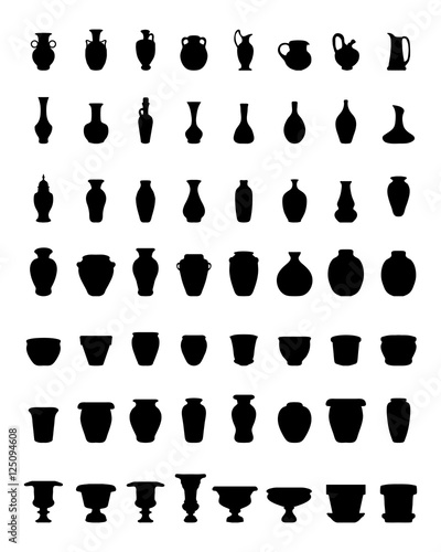 Black silhouettes of pottery, jars, bowls and vases