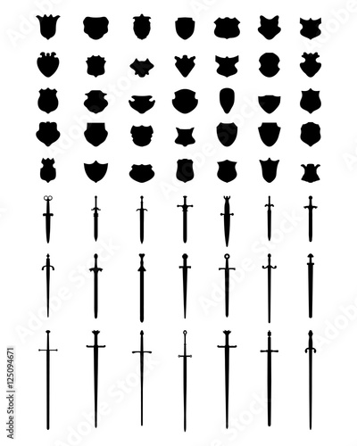 Black silhouettes of  shields and swords