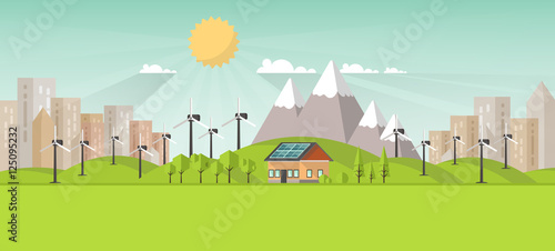 Fototapeta Naklejka Na Ścianę i Meble -  Eco Landscape Flat Design. Eco concept. Illustration of solar panel, with wind turbines. Renewable energy vector.


