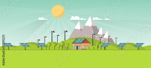 Fototapeta Naklejka Na Ścianę i Meble -  Eco Landscape Flat Design. Eco concept. Illustration of solar panel, with wind turbines. Renewable energy vector.