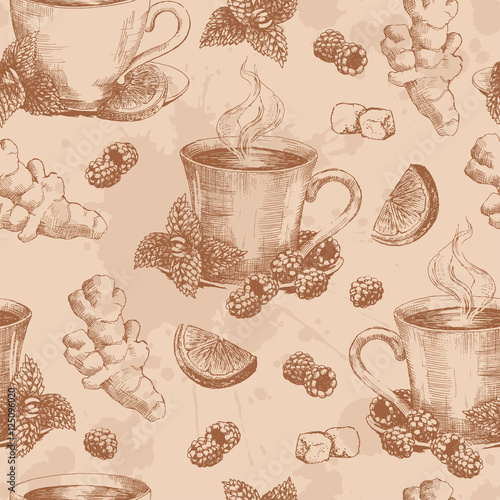 Cup of tea with ginger mint and lemon seamless. Seamless pattern with graphic hand drawn cups of tea in brown colors. Vector illustration