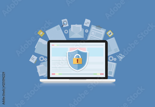 Concept is data security Center .Shield on Computer Laptop prote