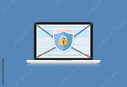 Concept is data security .Shield on Computer Laptop protect sens