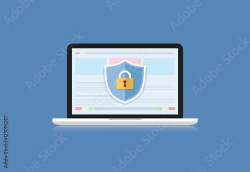 Concept is data security .Shield on Computer Laptop protect sens