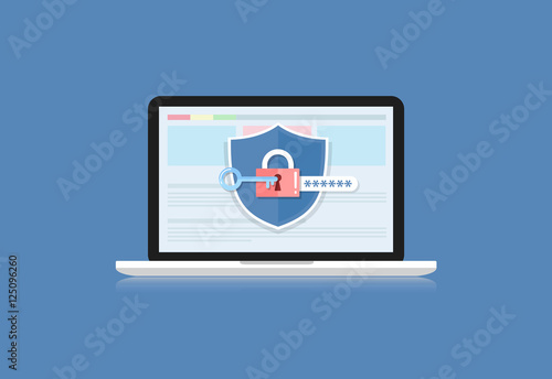 Concept is data security .Shield on Computer Laptop protect sens
