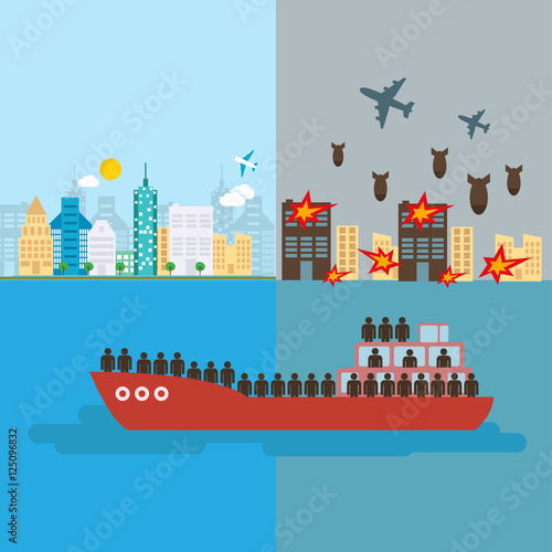 Refugee vector war victims concept escaping with boat