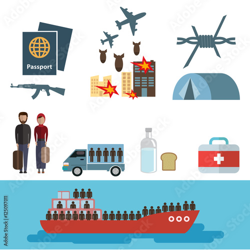 Refugee.vector. war victims concept. infographic elements. set of flat icons cartoon character design. banner header. illustration. isolated on white and blue background.