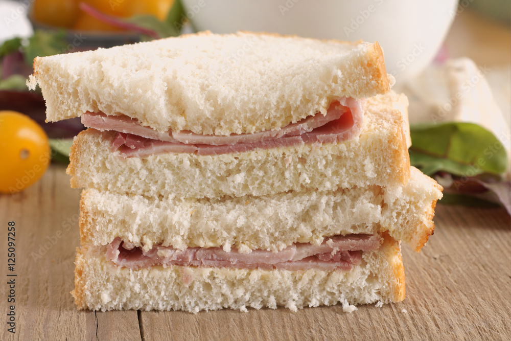Ham Sandwich hand cut with crusty bread and plain ham Stock Photo
