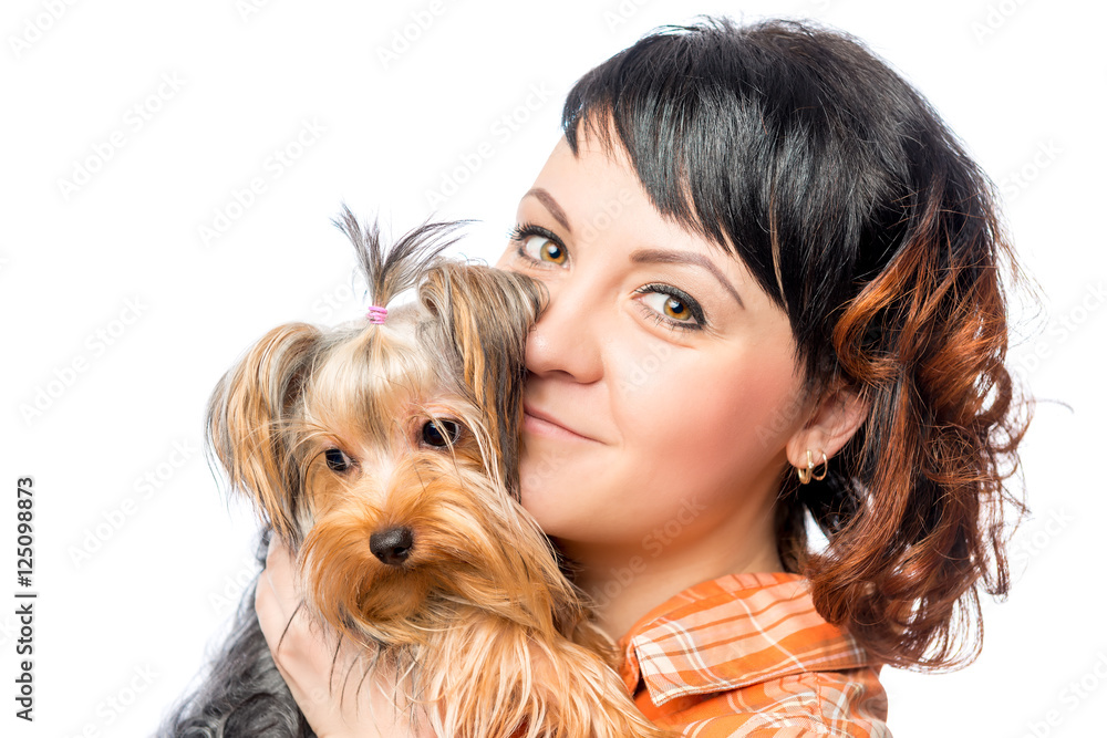 beautiful lady hugging his pet dog portrait on a white backgroun beautiful lady hugging his pet dog portrait on a white backgroun