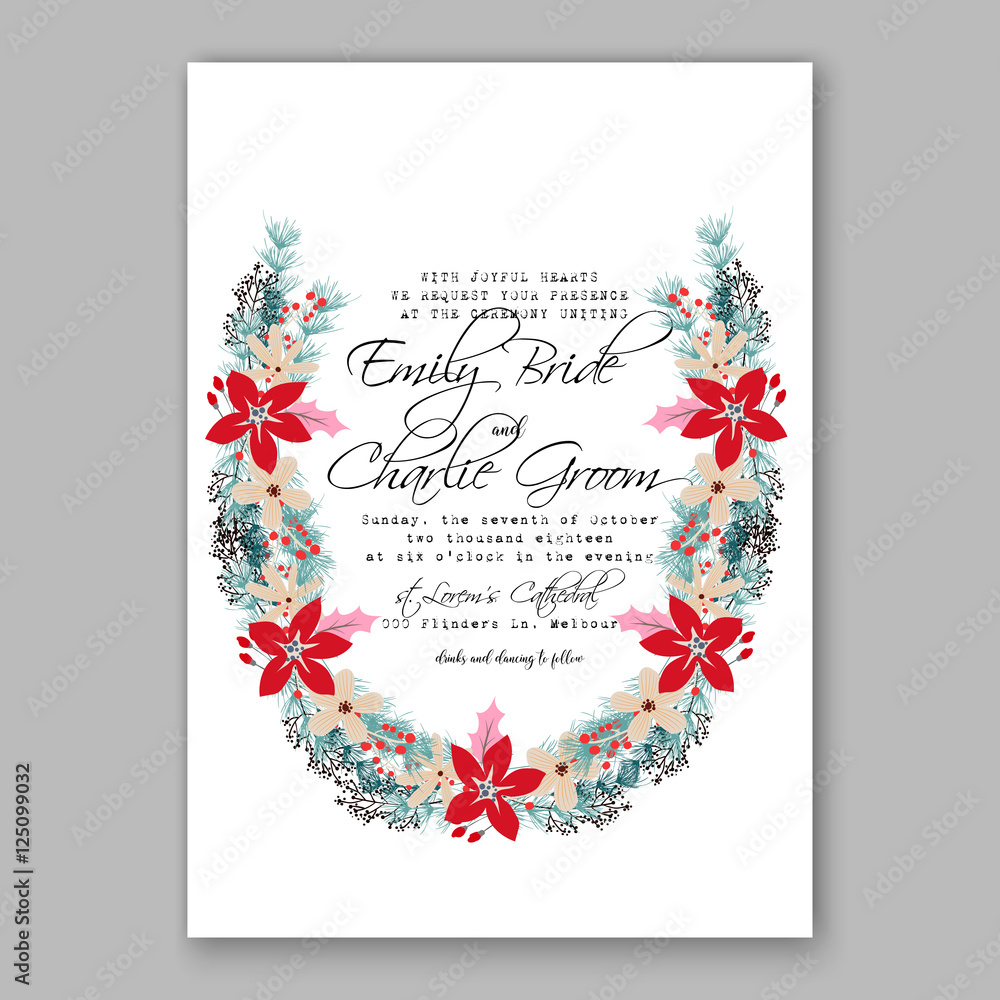 Merry Christmas party invitation with winter wreath. Pine, poinsettia Wedding Invitation Bridal shower invitation Baby Shower template card Merry Christmas party invitation with winter wreath. Pine, poinsettia Wedding Invitation Bridal shower invitation Baby Shower template card