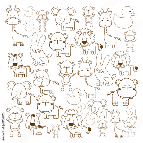 assorted cute animals giraffe monkey rhinoceros rabbit hippopotamus elephant lion tiger duck image 