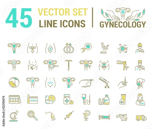 Vector set of icons. Gynecology, gynecological problem and disease. A symbol, sign, element, emblem, icon. The concept of the logo in a linear and flat style.