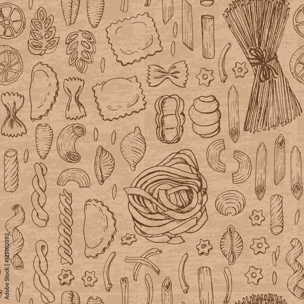 Seamless pattern with Italian pasta on a beige background