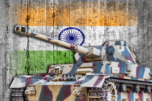 Military tank with concrete India flag