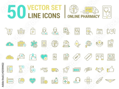 Vector graphic set. Silhouette, logo, icon. Online pharmacy, Internet drug store.Medical equipment in linear, flat, contour, thin design. App, Web site template, infographic.