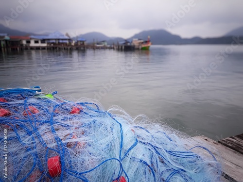 Commercial fishing net in tropical island,mullet gill nets and fishing village 